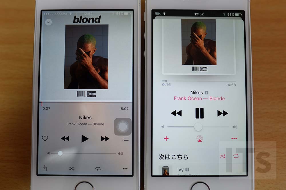左：iOS9、右：iOS10 ミュージックプレイヤー