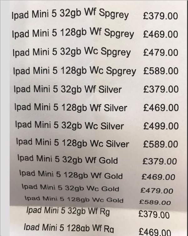 iPad mini 5　イギリスの小売店価格